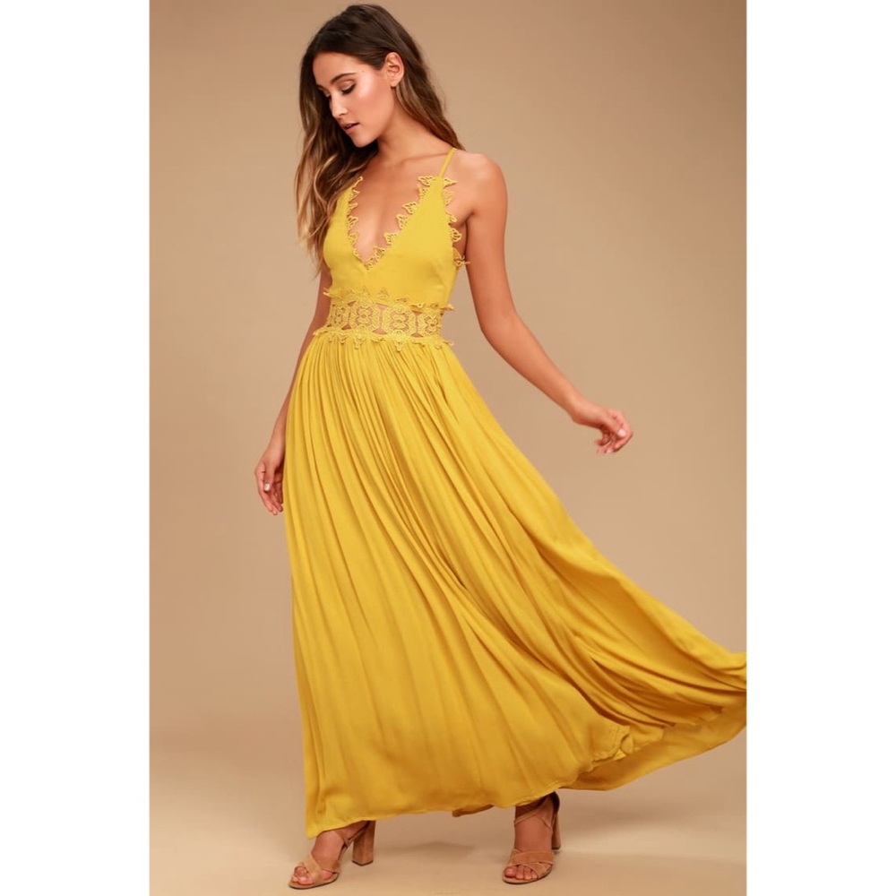 Lulus Size Small This is Love Mustard Yellow Lace Maxi Long Dress Gown Wedding - Picture 2 of 10